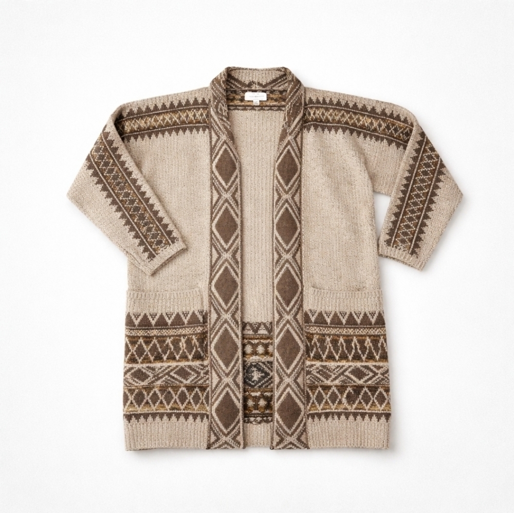 Lucky Brand Geometric Fair Isle Cardigan - Boho Longline Coatigan - Size S/P